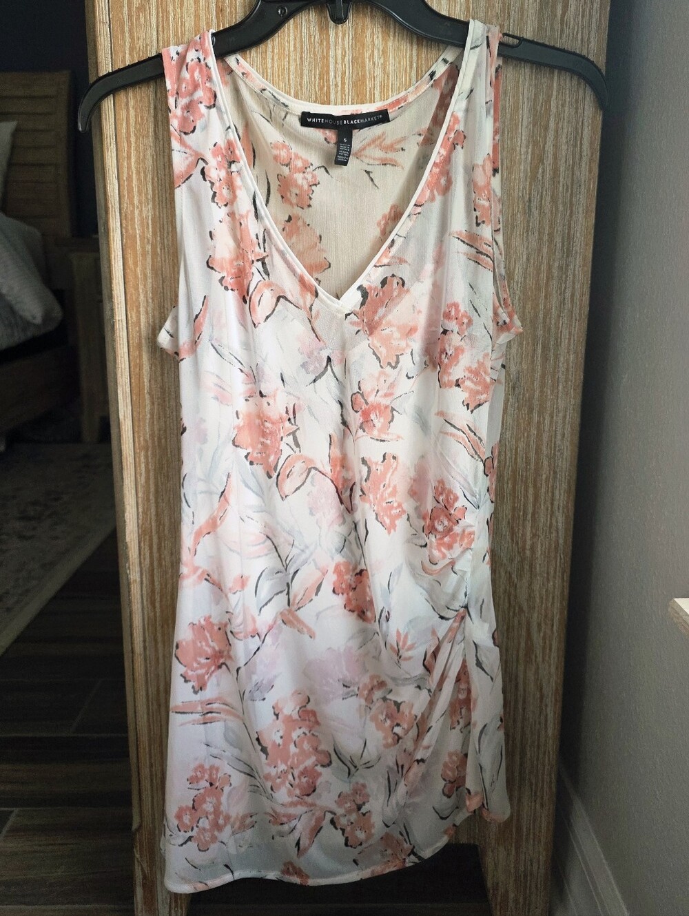 White House Black Market White A-Line Cami Top with Peach and Black Floral Print